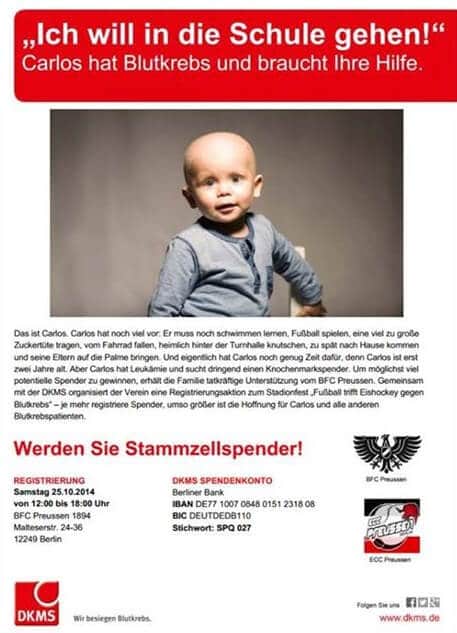 Stammzellenspender gesucht: BFC Preussen veranstaltet Stadionfest für krebskranken Carlos