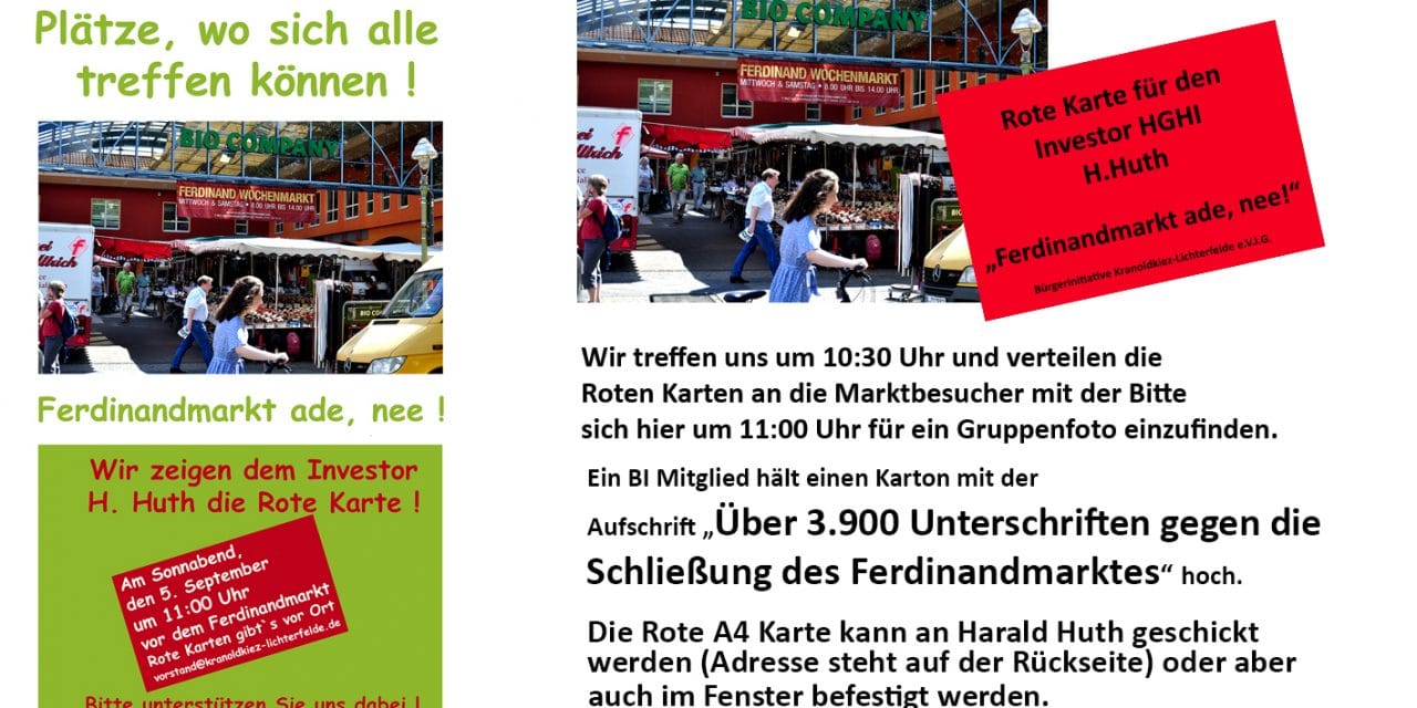 Ferdinandmarkt: Rote Karten Aktion gegen H. Huth am 5. September